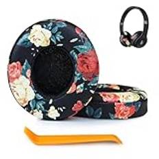 SINOWO Earpads ersättning för Beats Solo 2 & Solo 3 trådlösa on-ear-hörlurar, Solo2 Solo3 öronkuddar med bullerisolering minnesskum, mjukt proteinläder (svart blomma)