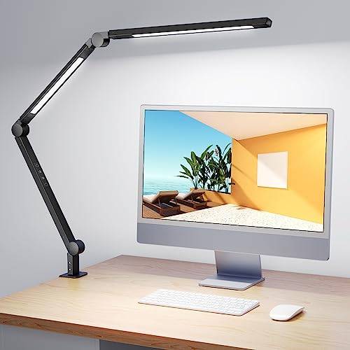 MediAcous LED skrivbord, arkitektlampa med vridbar arm med dubbla ljus, med klämma, taktil styrd skrivbord med 4 färgtemperaturer och justerbar ljusstyrka (svart)