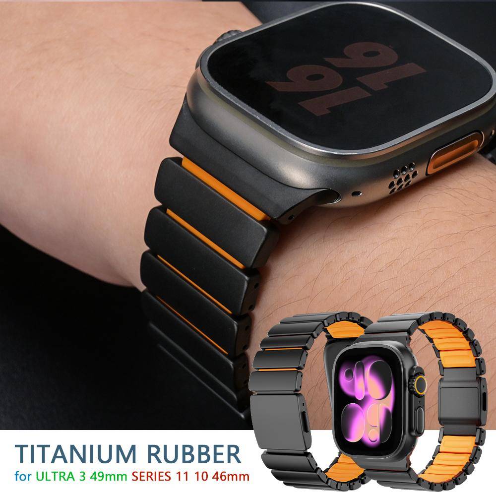 Titanband för Apple Watch Ultra 3 Band 49mm Lyxigt Metallarmband för Iwatch Series 10 11 46mm 9 8 7 45mm 5 6 SE3 44mm Gummi black
