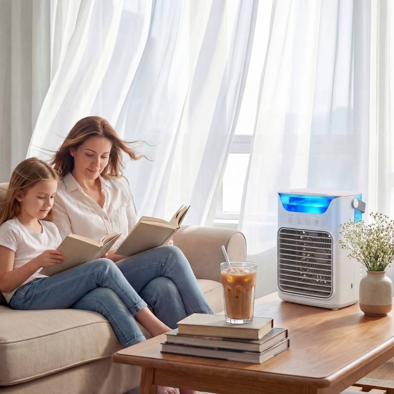 HOMCOM luftkøler med justerbart hoved, bærbar aircondition med 3 Vindhastighed, 2 Kølig tåge, RGB-lys, grå