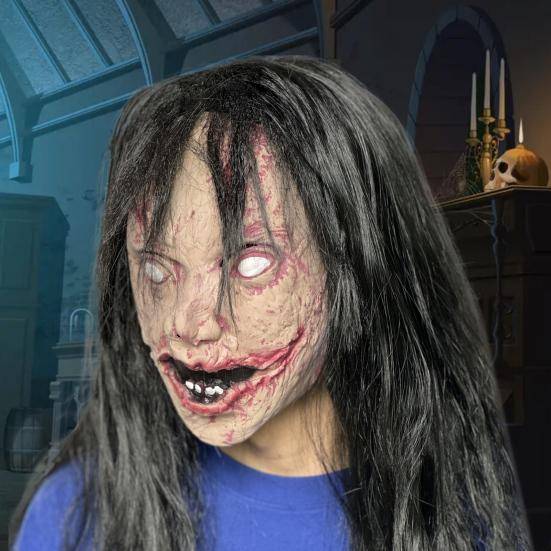 Halloween Skräck Grimas Spöke Mask Skrämmande Huvud Latex Zombie Mask med Hår Läskig Halloweenfest Cosplay Kostym cm gray