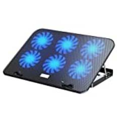 NK Laptop Kylare Cooler Base - Datorfläkt för bärbar dator med 5 höjdjusterbara stativ, 6 tysta fläktar, 2 USB-portar, snabb kylning, blått LED-ljus - svart färg