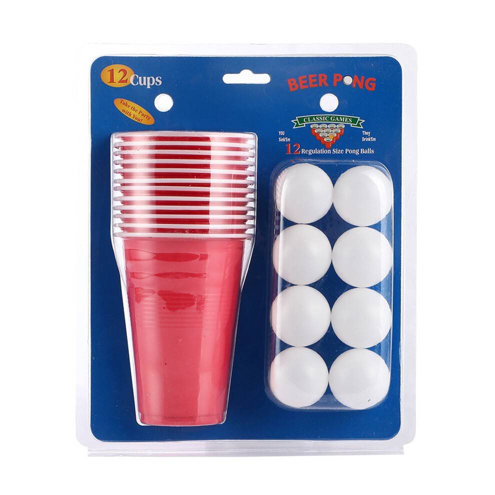Beer Pong Sæt 16oz Røde & Blå Kopper med 12 Bolde