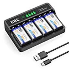 EBL 9V batteriladdare set – laddare perfekt för 9volt Li-ion Ni-MH batterier inkl. 9 V Li-ion batterier 600mAh 4 stycken, EBL M7015 med batteripaket