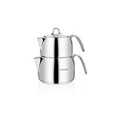 Korkmaz A029 Perla turkisk tekanna set för spishäll, 18/10 rostfritt stål dubbel tebryggare med värmebeständiga handtag, Samovar-stil tekanna och tekanna med 1 800 ml (1 800 ml) och 3 200 ml (1 oz)