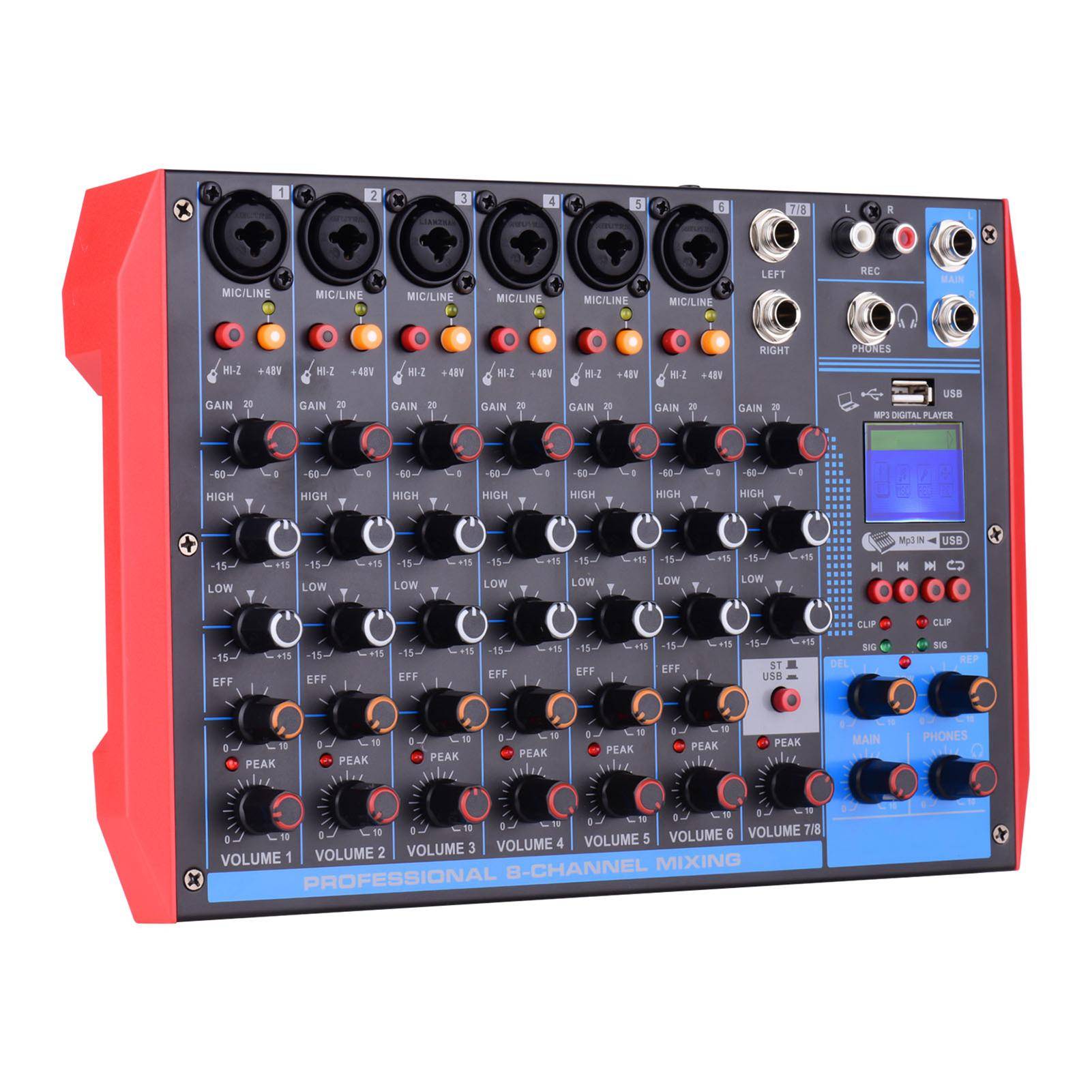 AG-8 Bärbar 8-kanals mixerkonsol Digital ljudmixer +48V Phantom Power Stöder BT/USB/MP3 US Plug