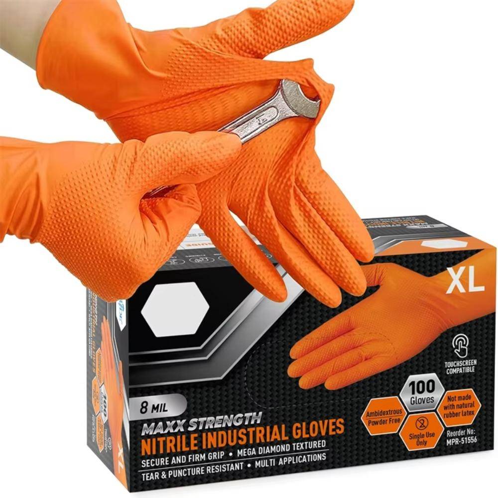 Kraftiga orange nitrilhandskar 8 mil industriella engångshandskar med diamantstrukturerat grepp för mekanikersäkerhet och arbetshandskar orange