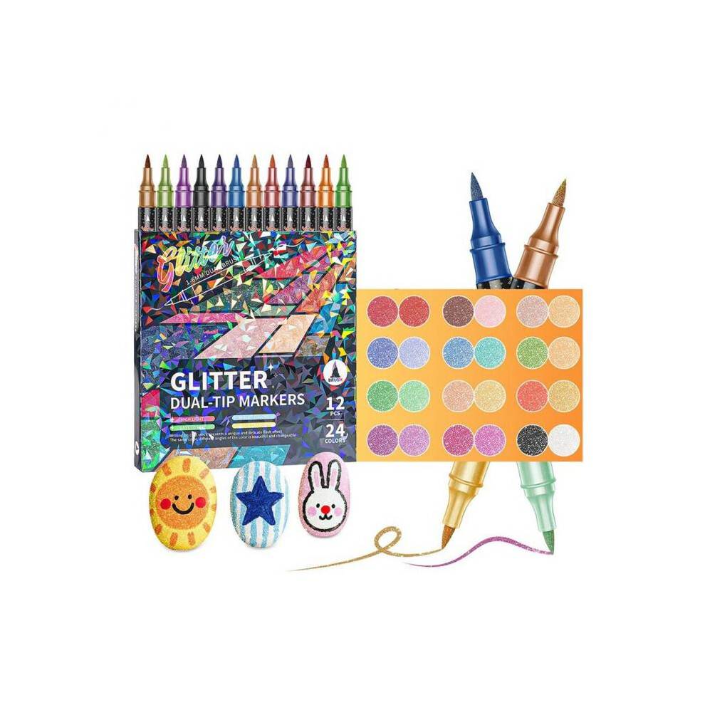 Glitter Effect Brush Markers for Doodle Writing, Dual Tip Dual Color Shimmer 24 Colors