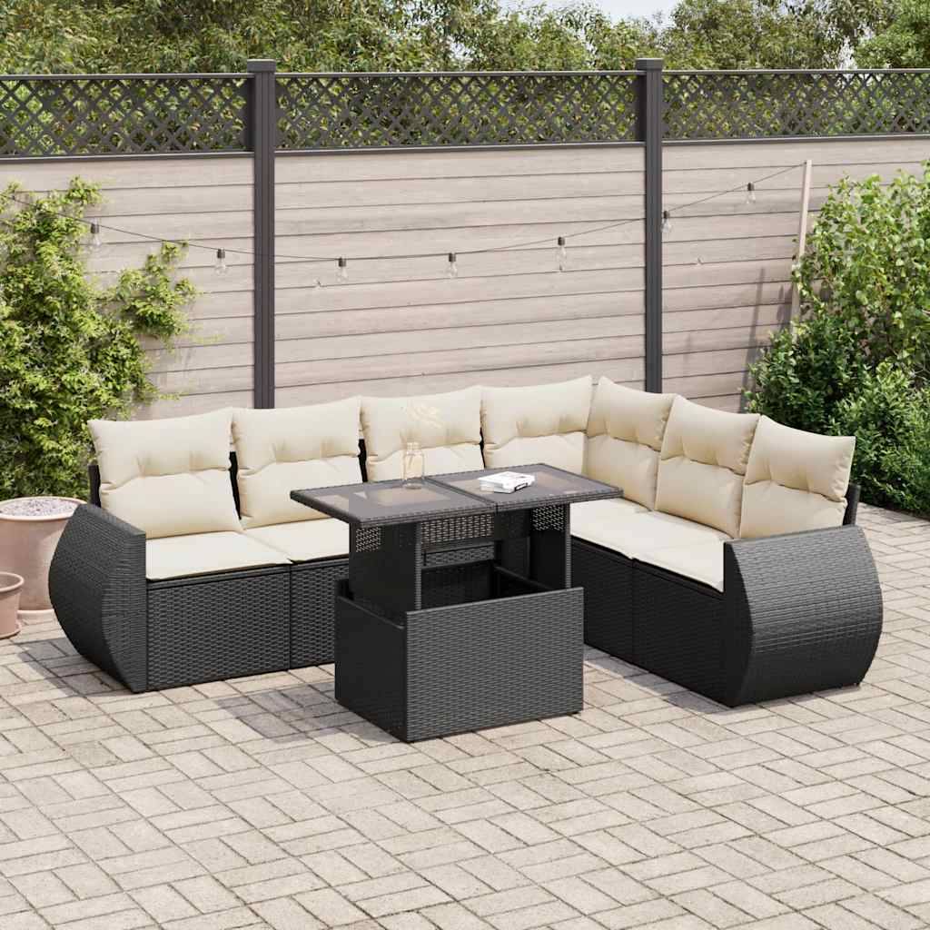 Sofasæt Til Haven 7 Dele Med Hynder Polyrattan - Sort og cremefarvet / Med opbevaring