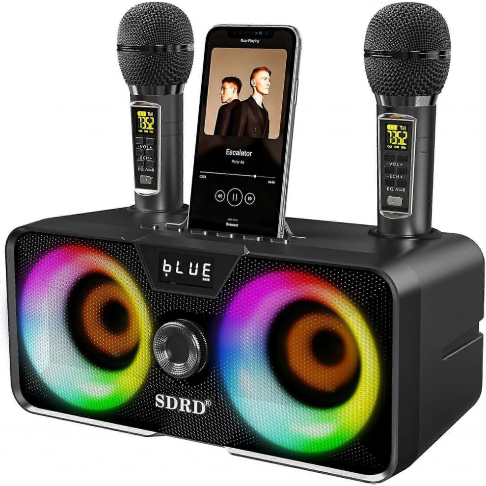 Karaoke-maskine til voksne og børn med 2 UHF trådløse mikrofoner, bærbar Bluetooth-højttaler PA-højttalersystem med LED-festlys til