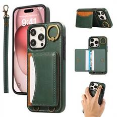 För iPhone 14 Pro PU-läderfodral med kortficka, ställfunktion mobilskal med handledsrem