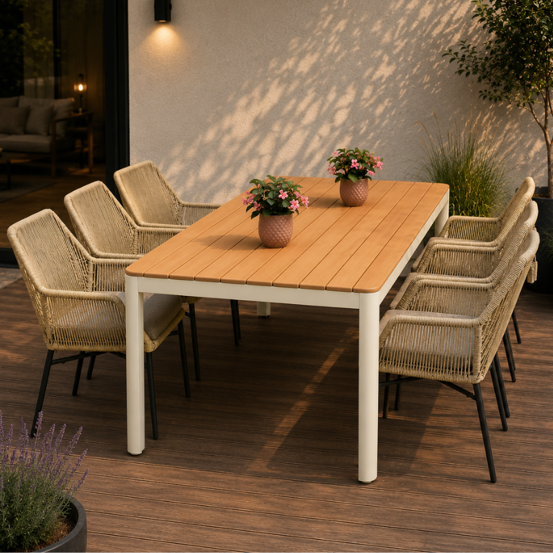 Verona spisebord i teak med 6 Vista-stole i beige
