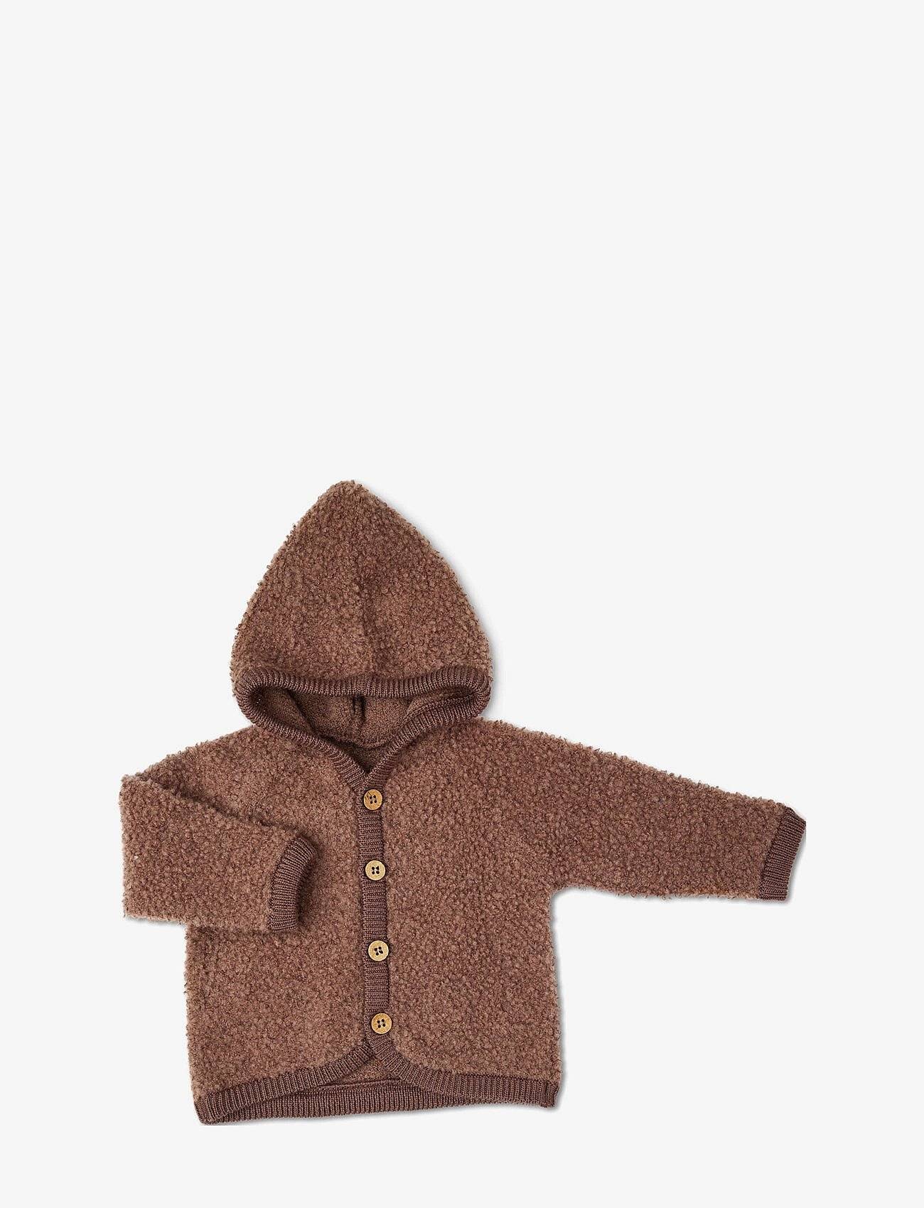 Smallstuff Cardigan Bouclé Merino Wool W. Buttons And Hoodie - Brown - 56-62