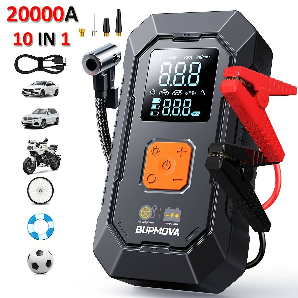 Car Jump Starter With Air Compressor Cordless Tire Inflator, Battery Booster With Power Bank Pack & Led Flashlights, 12v Auto Jumper Gas Or 10.0l Vehicles