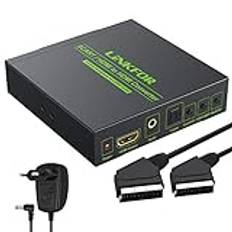 LiNKFOR Scart till HDMI-omvandlare 720p/1080p SCART + HDMI till HDMI-konverteringsadapter med 3,5 mm koaxial ljudutgång stöder NTSC och PAL för HDTV STB PS3 SKY BLU-RAY DVD med EU-strömadapter