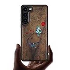 Carveit Träfodral kompatibelt Samsung S23 Plus Cover [Holzgravur & Muschel Inlay] Med TPU-stötfångare Galaxy S23 Plus Stötsäkert trä Hybridfodra (valnötsträ-En flora och fågeldans)