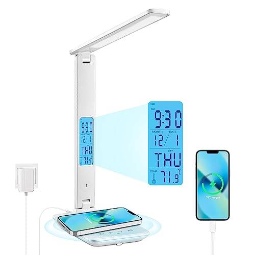 LED skrivbordslampa med 10W trådlös laddare - skrivbordslampa med nattlampa och klocka, USB-laddningsport, hopfällbar skrivbordslampa för sovrum och kontor (TX26CWhite)