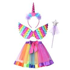 Clundoo Enhörningsdräkt för flickor, 4 st enhörning, cosplayset med enhörningsband, vingar och stav, enhörning, prinsessklänning för halloween, jul, karneval (färg)
