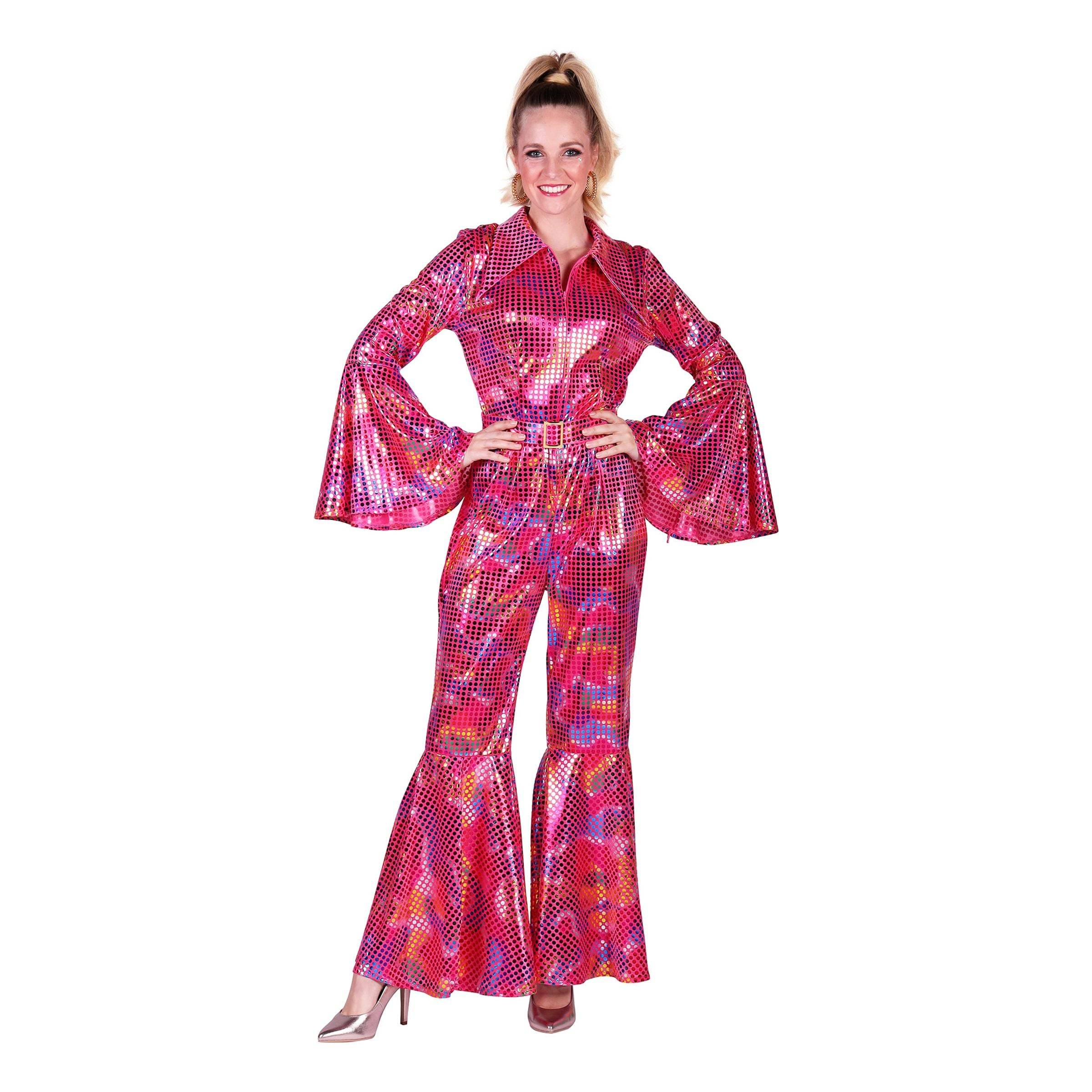 Disco Jumpsuit Rosa Färgskimrande Maskeraddräkt - Small