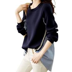 Maria Marfa Switch Sweatshirt Pullover Light No Long Navy Loose Everyday Korean Docking Mixed-Material Blouse, Striped, Spring/Summer, Stylish, Cool,