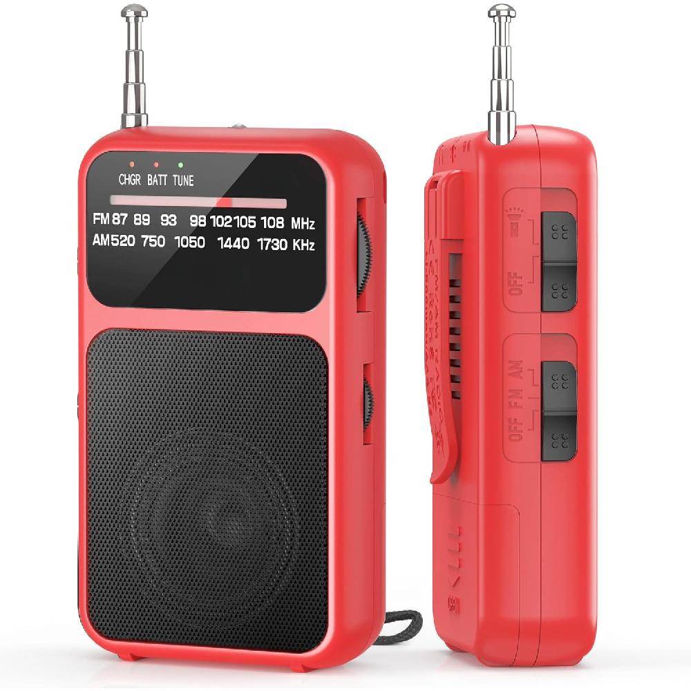 Fickradio AM FM USB-C Laddning& Batteridriven, Utmärkt Mottagning& Tydlig Högtalare och Hörlursuttag, Bältesklämma, Ficklampa, Transistorradio svart