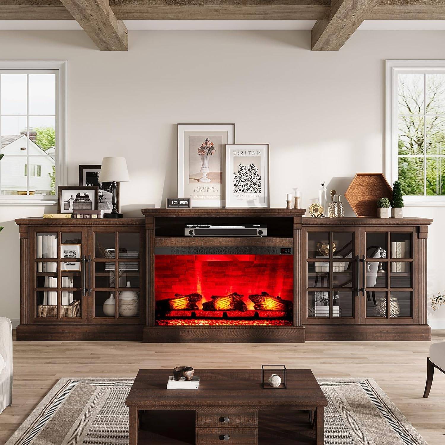 TV Stand with Electric Fireplace - Extra Large Media Console, Heating Fireplace, MDF/CDF Construction, - Rustic Brown