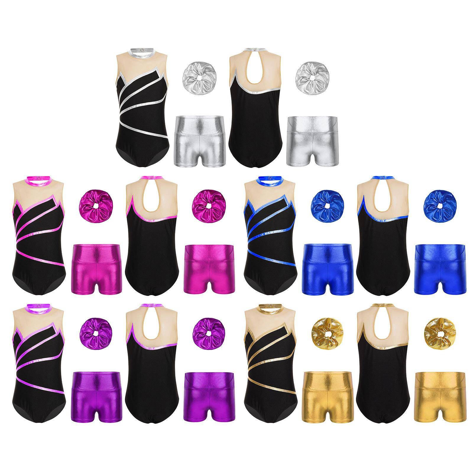 Barn Flickor Sportset Ärmlös Patchwork Gymnastikdräkt med Metalliska Shorts Hårband för Träningsprestation Scenkostym gyllene