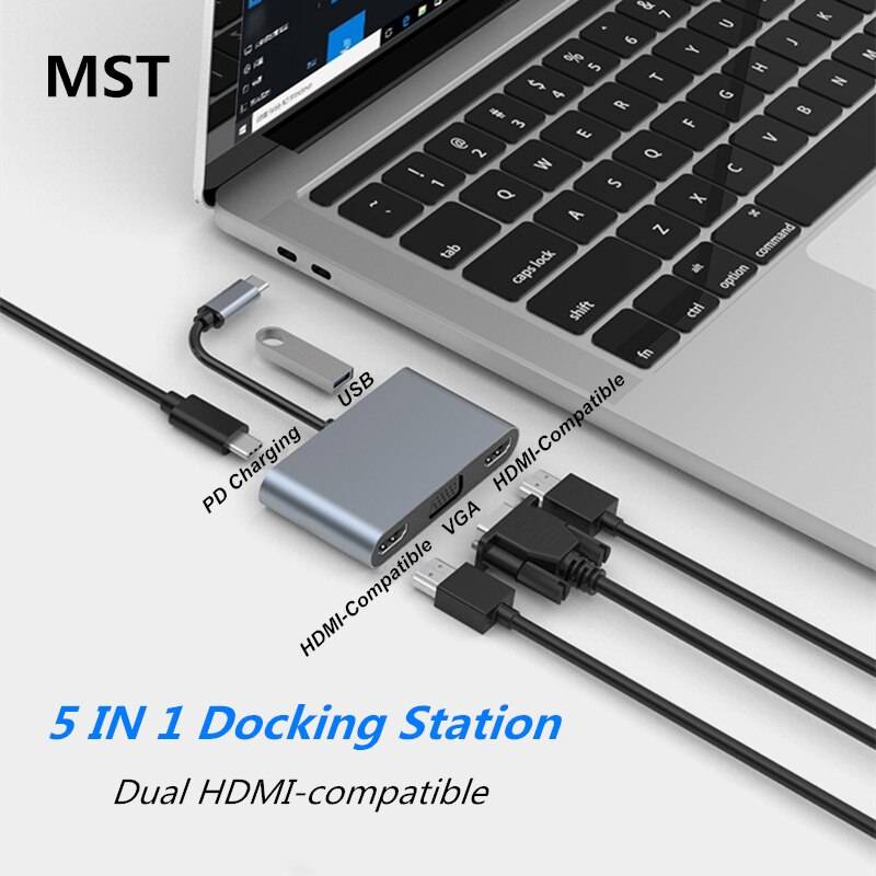 Usb typ c hubb till hdmi-kompatibel mst 4k vga usb c hubb dockningsstation rj45 lan ethernet sd tf för macbook usb hub adapter - 5 in 1