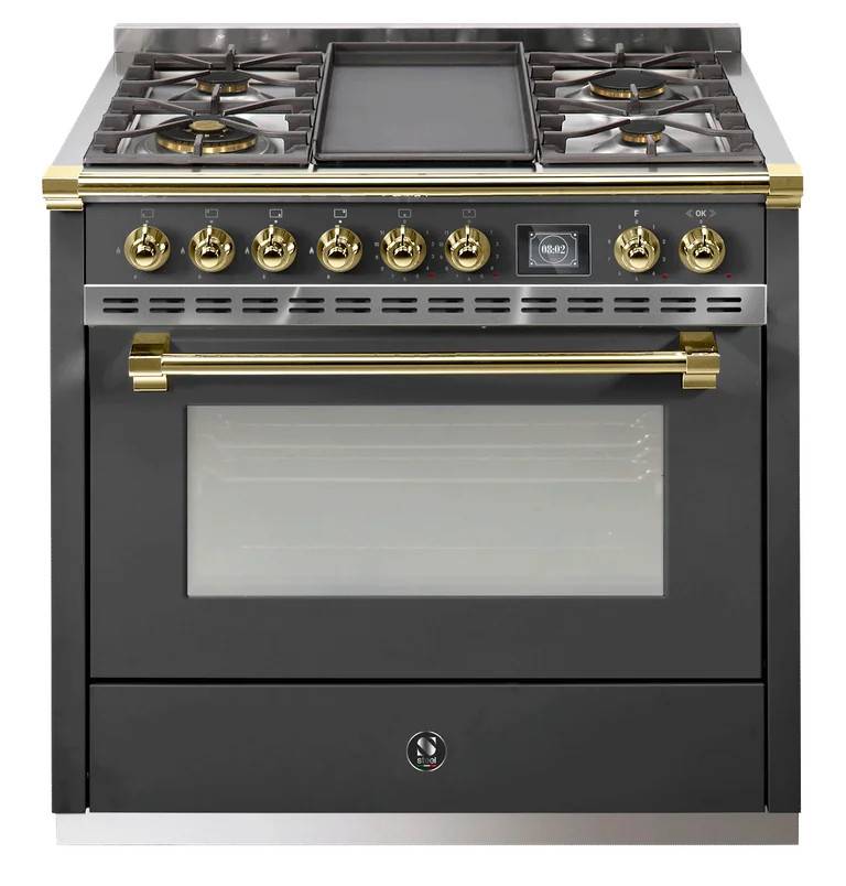 Ascot - Combi-steam - Gaskomfur 90 cm (1 ovn) + BBQ - Antracit/Messing - Steel.