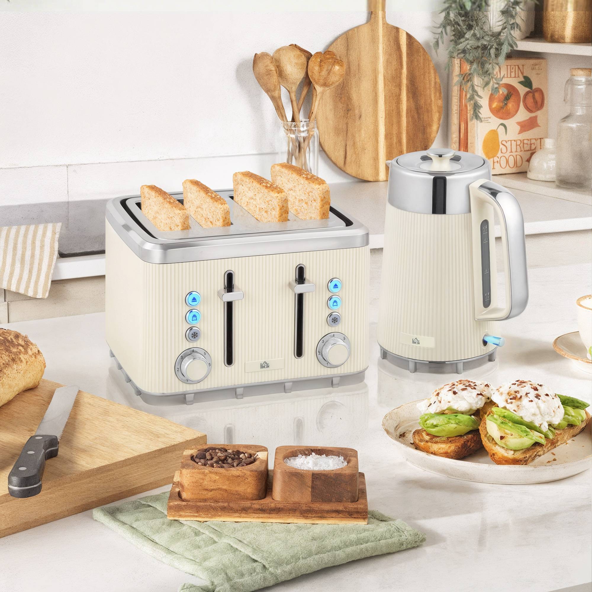 2200W, 1,7L elkedel med hurtigkogningsfunktion, kalkfilter og brødrister til 4 skiver med 7 bruningsgrader, cremehvid.