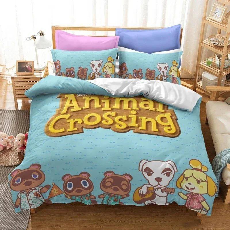 Animal Crossing Tecknad Spel Sängklädesset 3D Påslakan Twin Full Queen King Size Sänglinne och Överdrag Örngottset för barn AU Single 140x210cm
