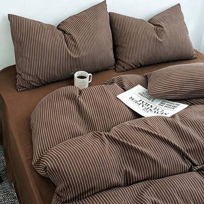 Minimalistiskt retro 4-delat täckset i chokladfärg, puffmönstrat syntetfiber, inkluderar 1 täcke, 1 lakan och 2 örngott, inkluderar ej täckeinsats och - kaffe färg (150cm*200cm,180cm*220cm,200cm*230cm)