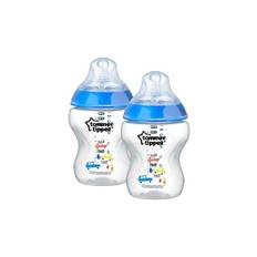 Tommee Tippee Närbild till naturflaskor med bröstform och antikolisk ventil, 260ml, 2 enheter, Ollie och Pip (färg och design varierar)