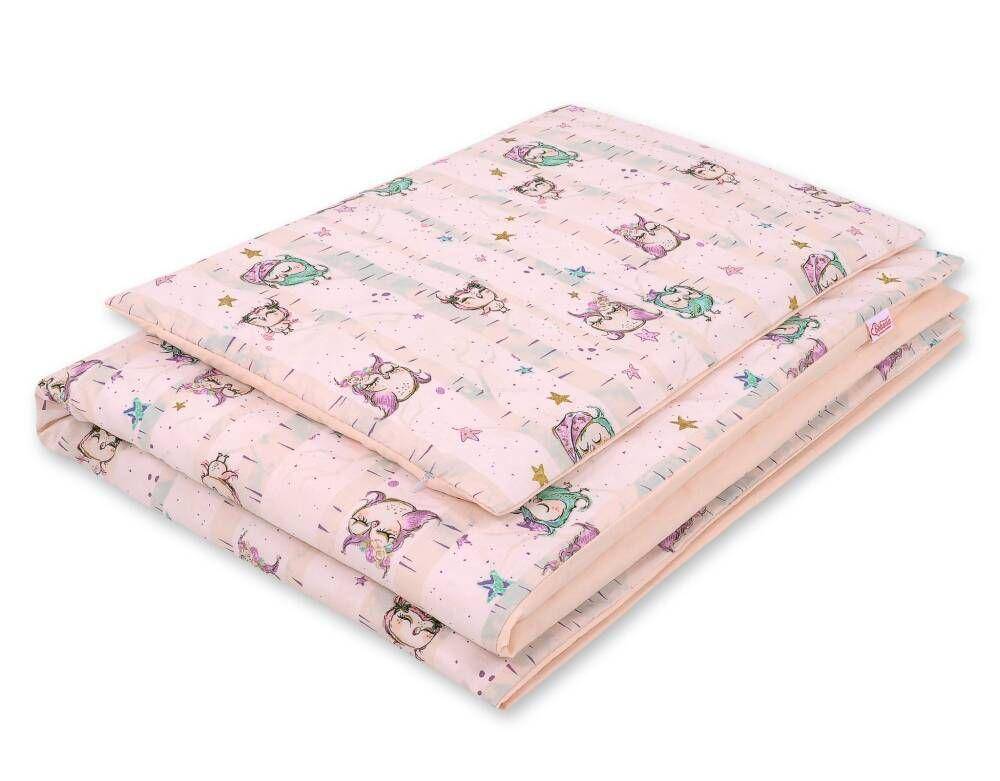 Double-sided 2-piece cotton children's bedding - powder pink owls