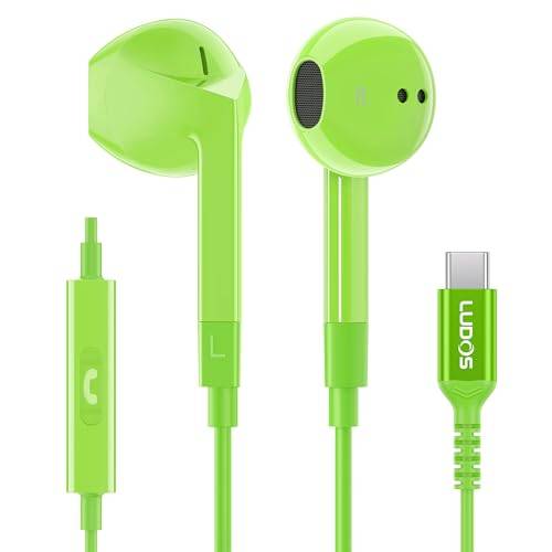 LUDOS FEROX USB C-hörlurar, 5 års garanti, USB-C-örontelefoner för iPhone 16 15 Pro Max Plus Samsung Galaxy S24 S23 Ultra S22 S21 FE S20 Z Flip 3 Fold 4 A53 A54, USB Type C-hörlurar för iPad - Grön
