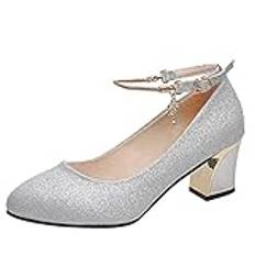 Högklackade sandaletter dam, eleganta pumps skor enstaka skor dam med blockklack formella skor mode arbetsskor hög klack sandaler kvinnor klänning skor aftonskor, silver, 41 EU