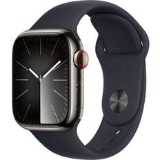 Apple Watch Series 9 Rustfrit stål 41 mm (2023) | GPS + Cellular | grafit | Sportsrem Midnight S/M