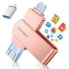 Ruweipan USB-minne för telefon, 64 GB Pendrive, [Utan APP] 4-i-1 externt minne snabb överföring USB 3.0 USB-C-nyckel lätt att använda för OTG Android/Mac/PC/surfplatta/typ C-telefon/iOS(64G, rosa)