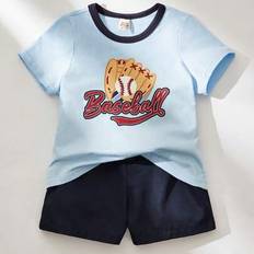 2st Baby Boy Baseball Handske Mönster Kontrastfärg Stickad Mjuk rundhalsad Kortärmad topp och resårshorts set - Blå (6-9M,9-12M,12-18M,18-24M,2-3Y)