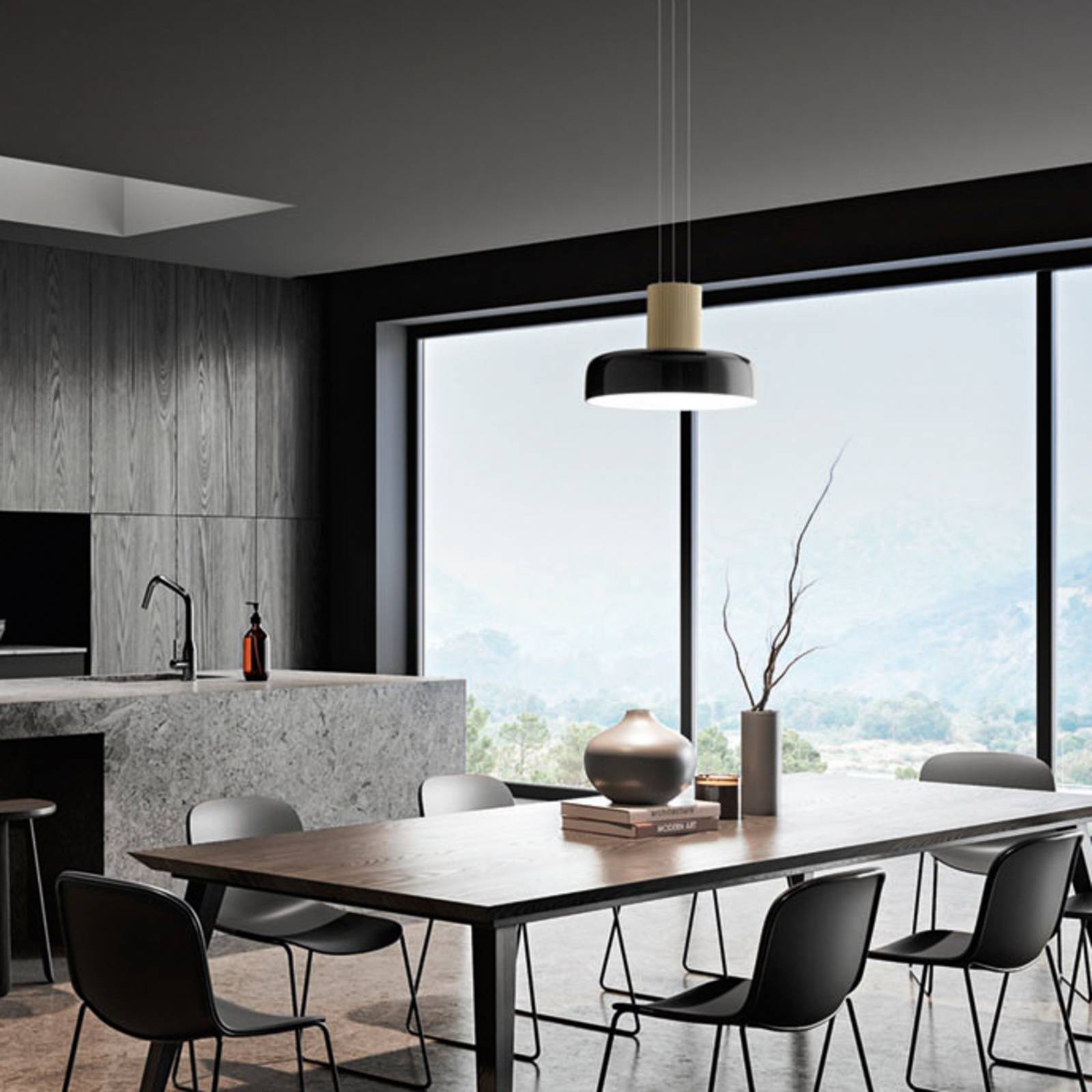 Fabas Luce Glas pendellampa Lunar, dimbar, Svart, Vardagsrum / matsal, Glas, Modern, Pendellampa