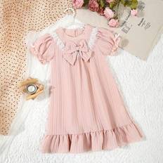 Unga flickor Söt och elegant spetskant på axlar Bowknot Puffärm Knälång nattlinne Loungewear - Rosa (6Y,7Y,4Y,5Y)
