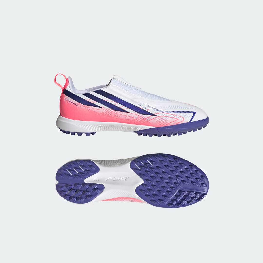 F50 Hyperfast League Laceless Turf Football Shoes Kids - Cloud White / Solar Purple / Solar Turbo - 31 1/2