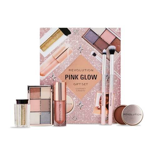 Revolution Beauty Pink Glow Get The Look Makeup, set med 6 st ögonskugga, läppskimmer och kroppsglitter, djurförsöksfri