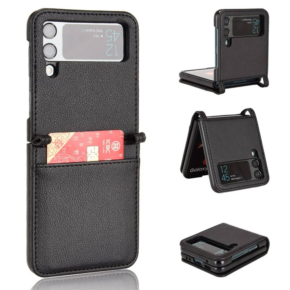 Samsung Galaxy Z Flip4 5G Litchi Texture Phone Cover med Kortplads- Sort