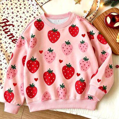Höst/vinter söt och gullig röd & rosa jordgubbs-sweatshirt, INS-stil mode casual frukt-pullover, vardagliga back-to-school kläder för unga flickor 4-7 - Multifärgad (6Y,7Y,4Y,5Y)