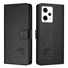 JZ Note 12 Pro 5G Konstläder Flip Cover Plånbok Fall [Lazy Cat][Wrist & Neck Strap][Card Holder][Kickstand] För Redmi Note 12 Pro 5G / Poco X5 Pro Case - Black