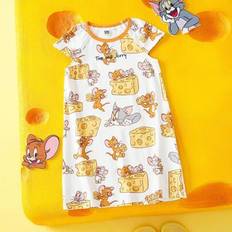 Ung flicka tecknad film & osttryck Söt avslappnad kortärmad T-shirtklänning, nattkläder/hemkläder - Gul (6Y,7Y,4Y,5Y)