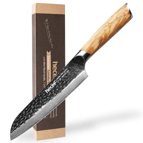 hecef Damaskuskniv Santokukniv - Kockkniv 18CM, ultraskarp japansk kniv, professionell kökskniv Skarp köttkniv - 67 lager av Damaskusstål och handsmidda handtag i olivträ