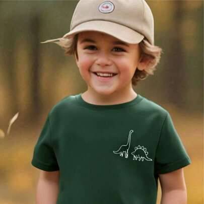 Ung pojke dinosaurietryckt rundhalsad kortärmad t-shirt, vardagskläder, lämplig för sommaren - Mörk Grön (6Y,2Y,3Y,4Y,5Y)