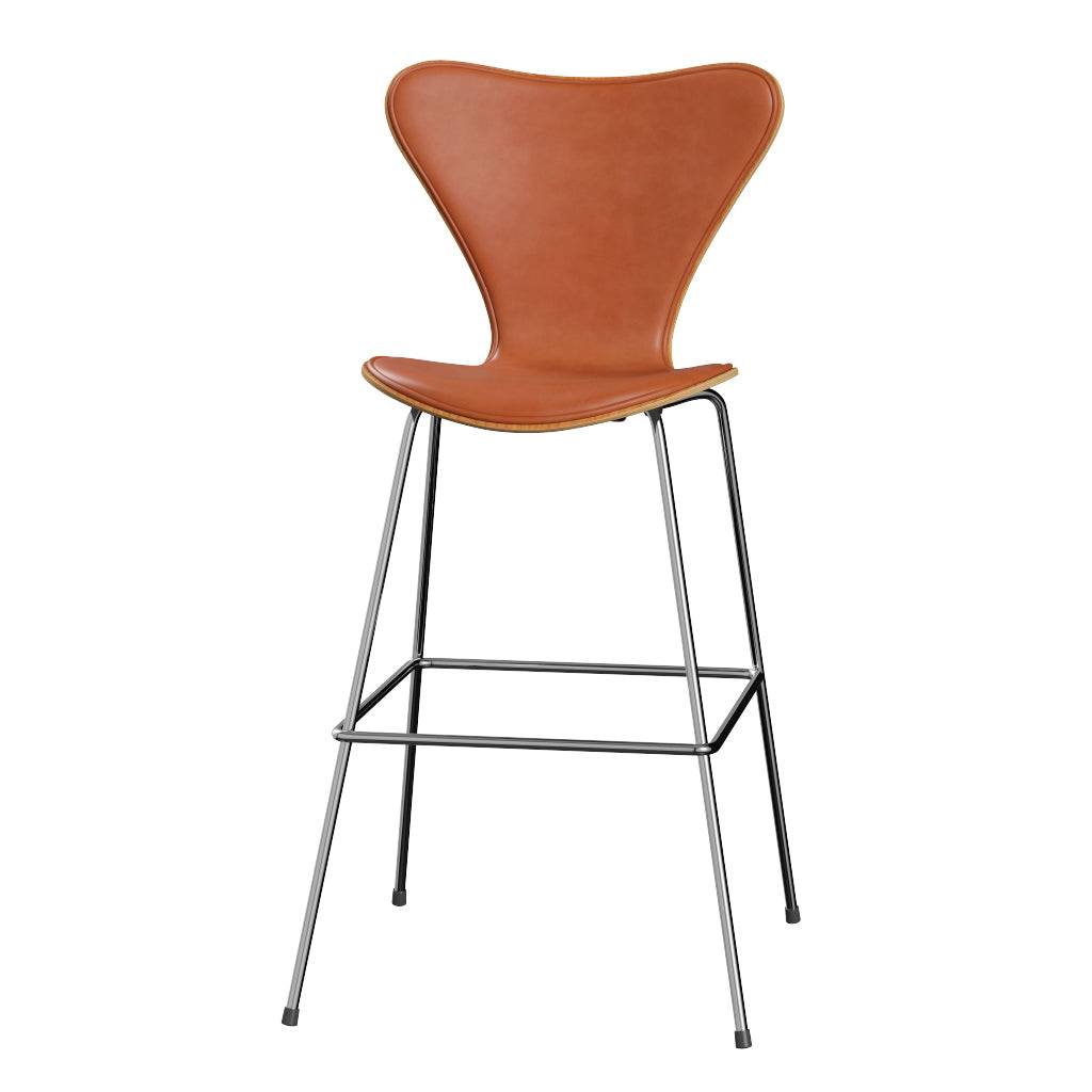 Fritz Hansen - 3197 høj barstol, naturfiner og forsidepolstret i Grace læder Kirsebær - Valnød læder - Krom stel - Jacobsen Plus